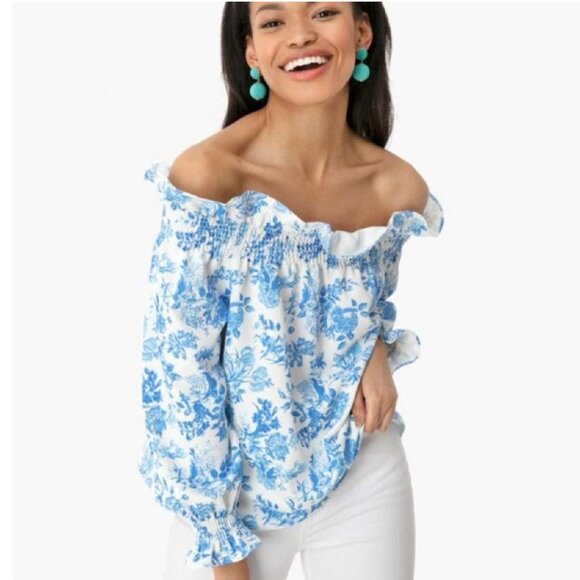 TUCKERNUCK Marguerite Off Shoulder FLORAL PRINT POPOVER TOP (Size SMALL) - Picture 2 of 8